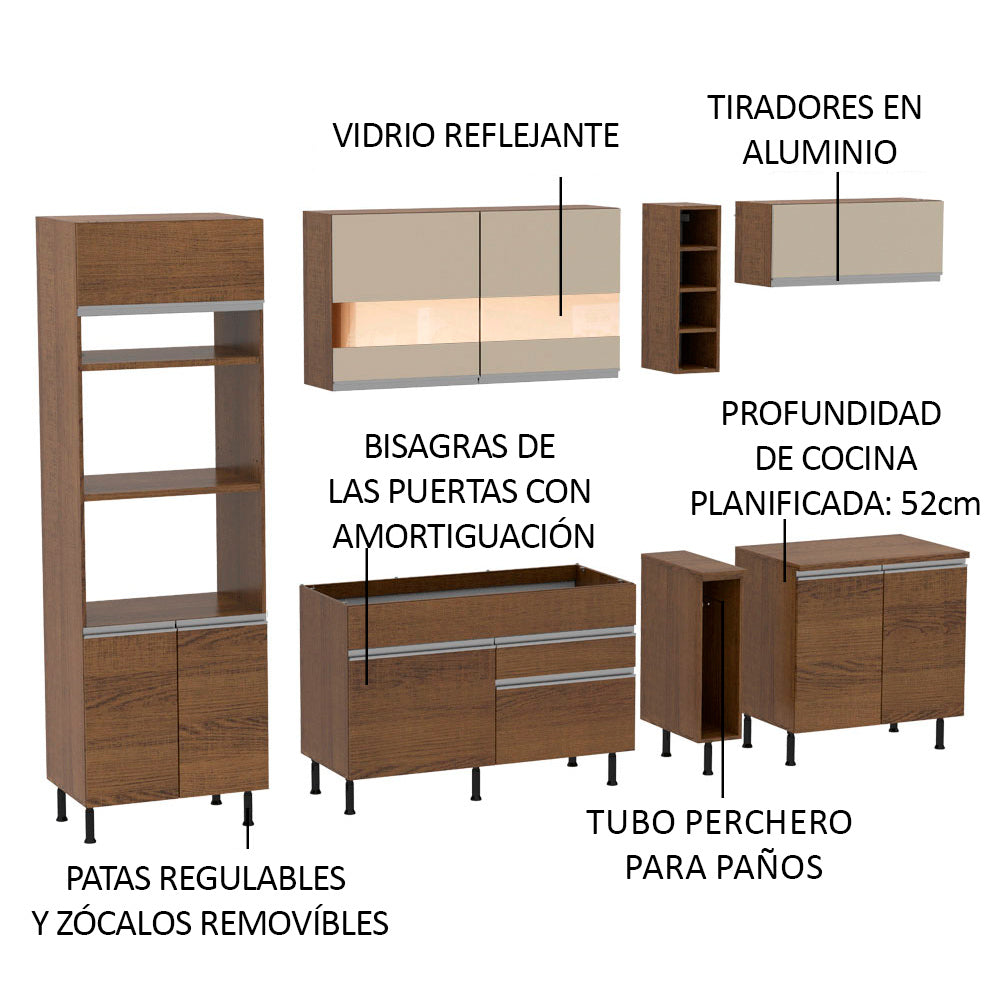 Combo completo de Cocina Madesa Glamy 290cm Marrón/Marrón/Crema 11