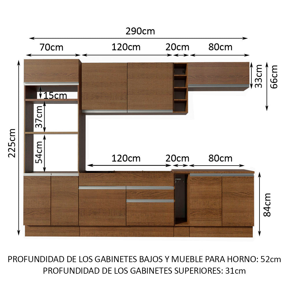 Combo completo de Cocina 290 cm 9 Puertas 2 Cajones Marrón Glamy Madesa