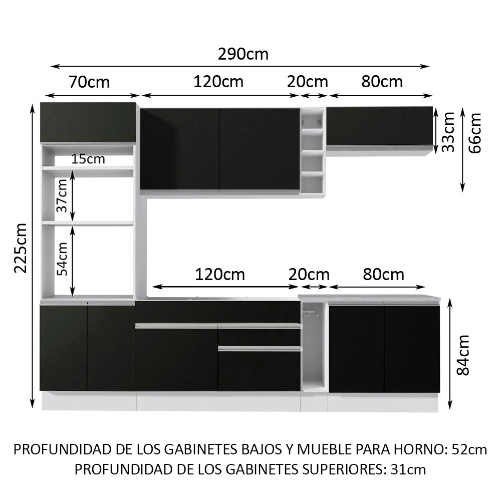 Combo completo de Cocina 290 cm 9 Puertas 2 Cajones Sin Mesada Blanco/Negro Glamy Madesa