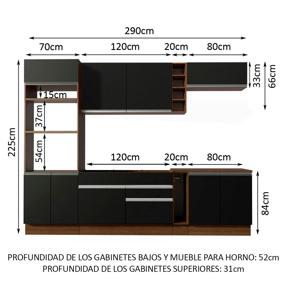 Combo completo de Cocina 290 cm 9 Puertas 2 Cajones Sin Mesada Marrón/Negro Glamy Madesa 02