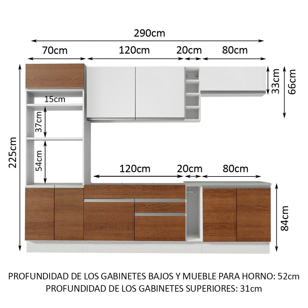 Combo completo de Cocina 290 cm 9 Puertas 2 Cajones Blanco/Marrón/Blanco Glamy Madesa