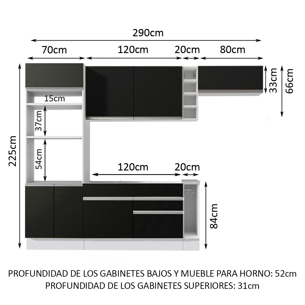 Combo completo de Cocina 290 cm 7 Puertas 2 Cajones Sin Mesada Blanco/Negro Glamy Madesa 04