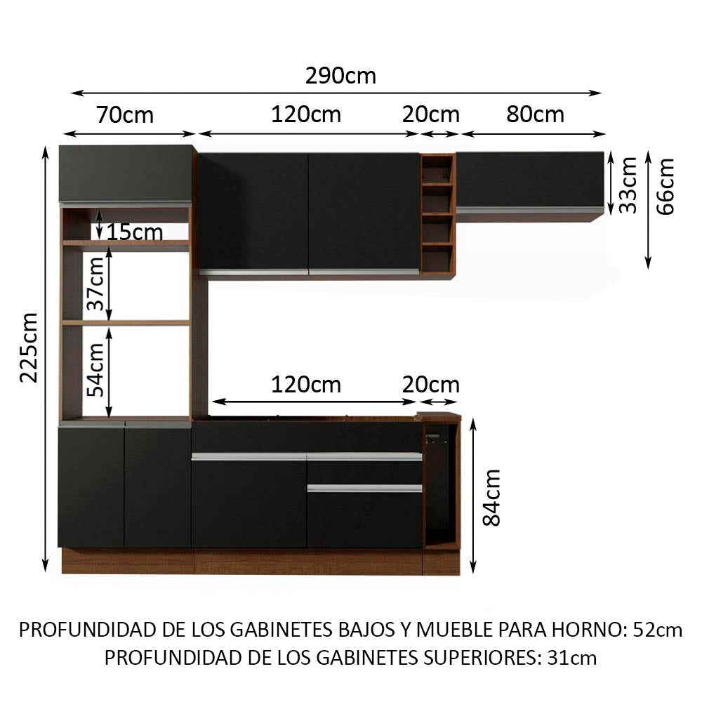 Combo completo de Cocina 290 cm 7 Puertas 2 Cajones Sin Mesada Marrón/Negro Glamy Madesa