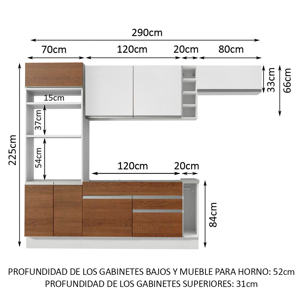 Combo completo de Cocina 290 cm 7 Puertas 2 Cajones Sin Mesada Blanco/Marrón Glamy Madesa