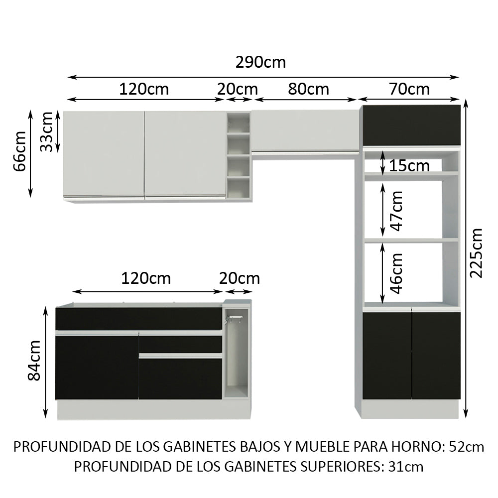 Combo completo de Cocina Madesa Glamy 290cm Blanco/Negro/Blanco 10