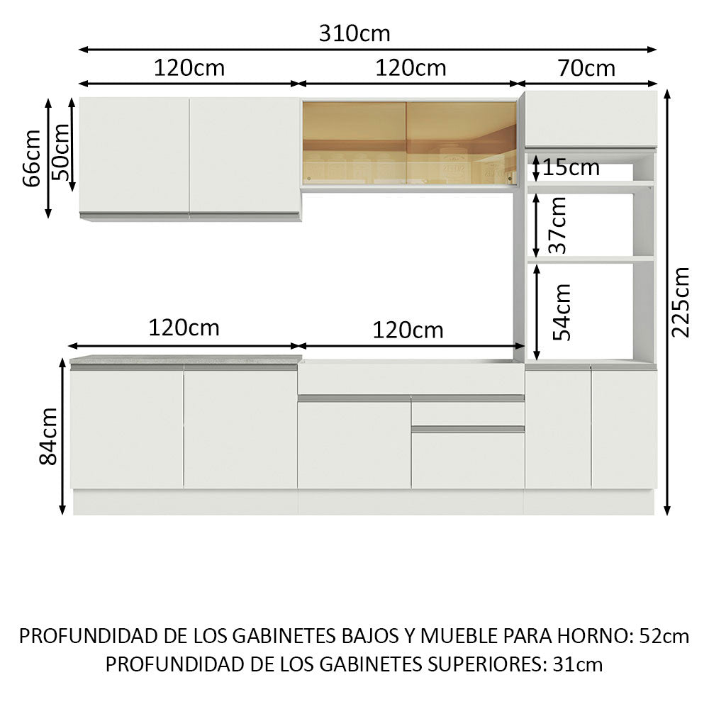Combo completo de Cocina 310 cm 10 Puertas 2 Cajones Sin Mesada Blanco Glamy Madesa