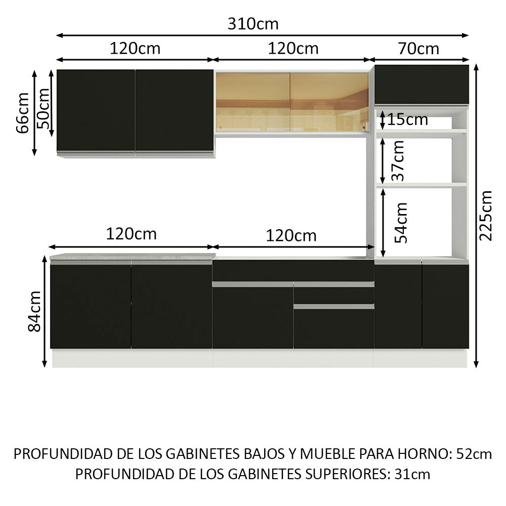 Combo completo de Cocina 310 cm 10 Puertas 2 Cajones Sin Mesada Blanco/Negro Glamy Madesa