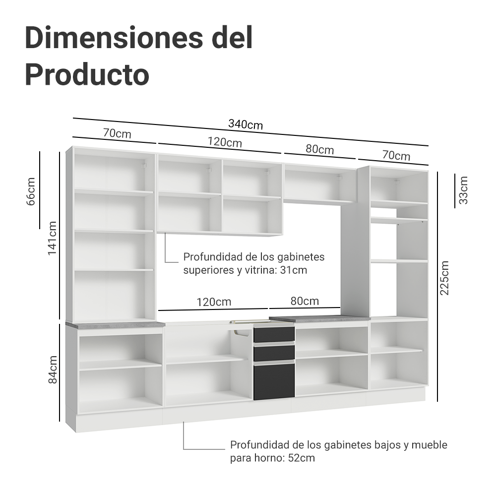 Combo completo de Cocina con Cristalero 340 cm Madesa Glamy BN 01