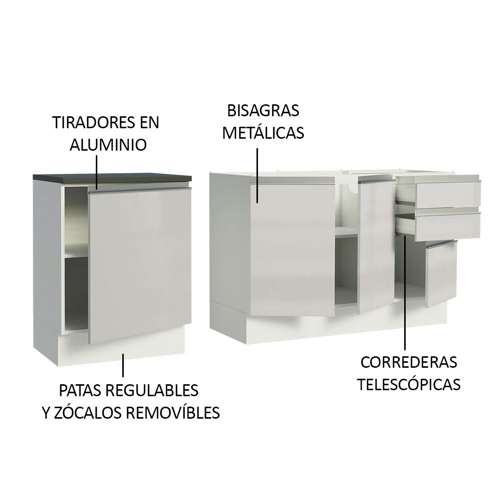 Combo con 2 Bajos Mesadas de Cocina Madesa Acordes 100% MDF (Sin Mesada y Bacha) Frentes Blanco Brillante