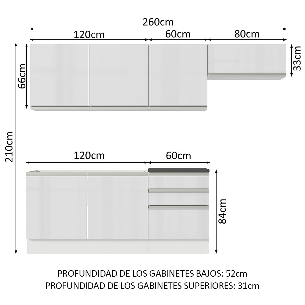 Combo Completo de Cocina 100% MDF 260 cm Frentes Blanco Brillante Acordes Madesa 03