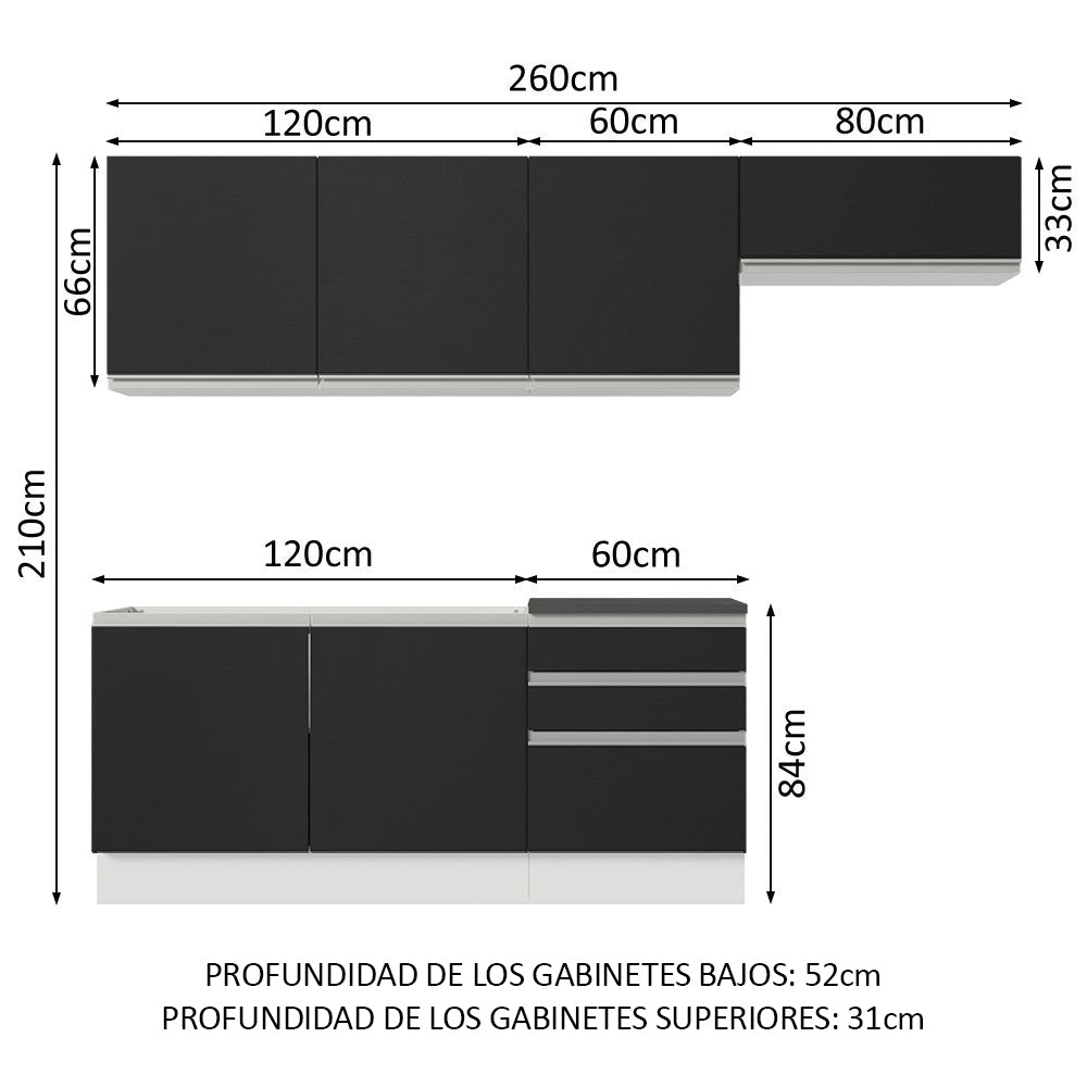 Combo Completo de Cocina 100% MDF 260 cm Blanco/Negro Acordes Madesa 03