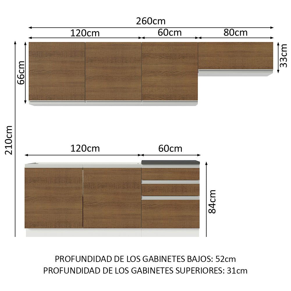 Combo Completo de Cocina 100% MDF 260 cm Blanco/Marrón Acordes Madesa 03