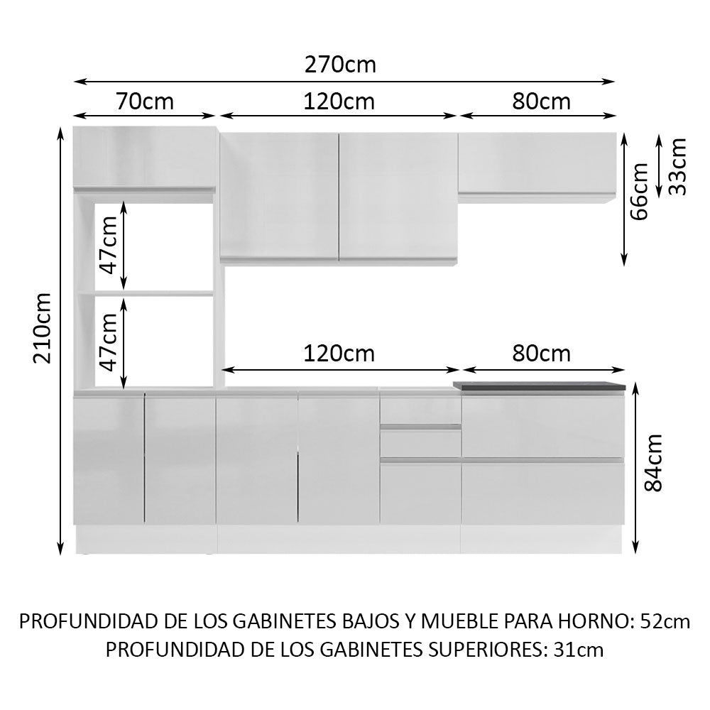 Combo Completo de Cocina 100% MDF 270 cm Frentes Blanco Brillante Acordes Madesa 06