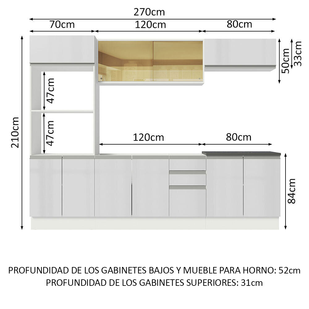 Combo Completo de Cocina 100% MDF 270 cm Frentes Blanco Brillante Acordes Madesa 07