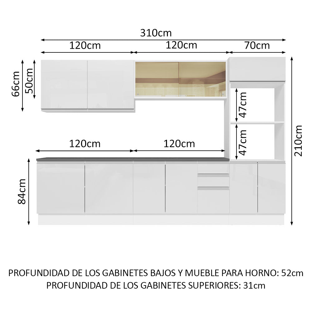 Combo Completo de Cocina 100% MDF 310 cm Frentes Blanco Brillante Acordes Madesa 01