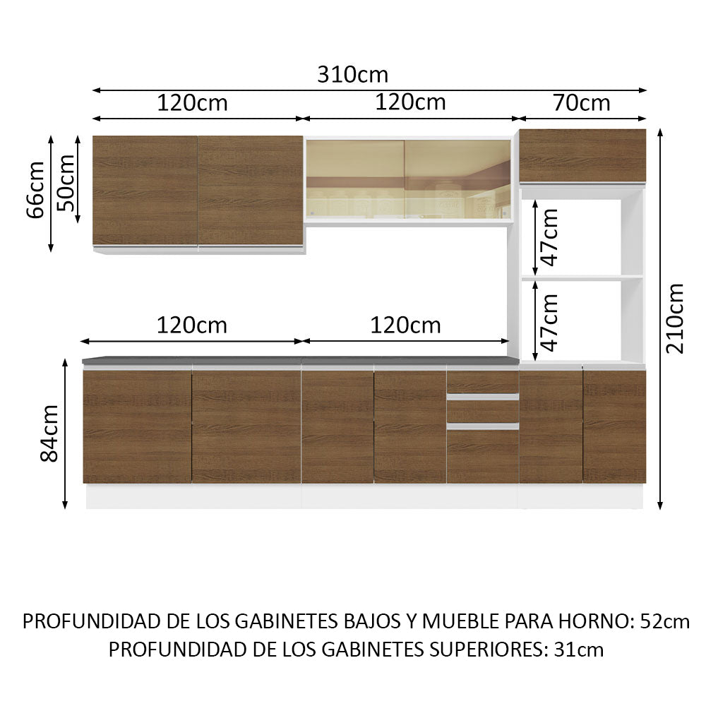 Combo Completo de Cocina 100% MDF 310 cm Blanco/Marrón Acordes Madesa 01