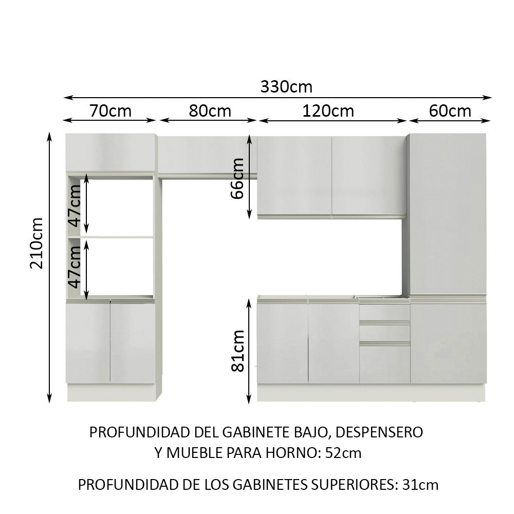 Combo Completo de Cocina 100% MDF 330 cm Frentes Blanco Brillante Acordes Madesa 02