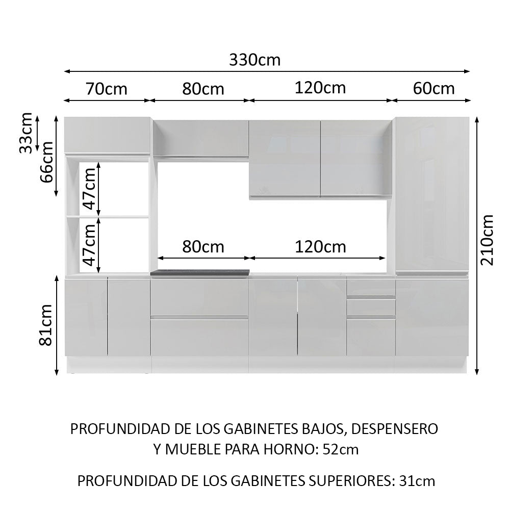Combo Completo de Cocina 100% MDF 330 cm Frentes Blanco Brillante Acordes Madesa 05