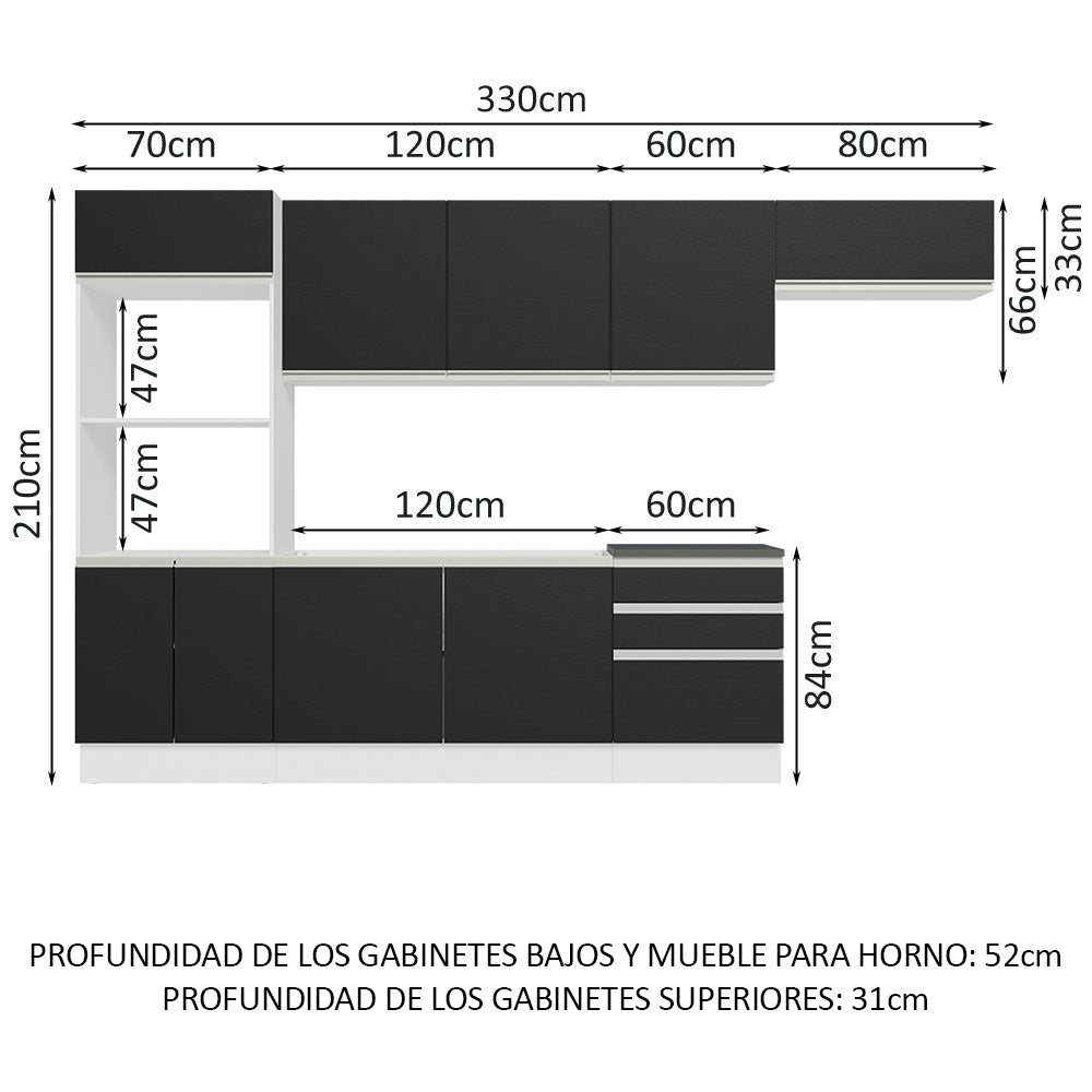 Combo Completo de Cocina 100% MDF 330 cm Blanco/Negro Acordes Madesa 06