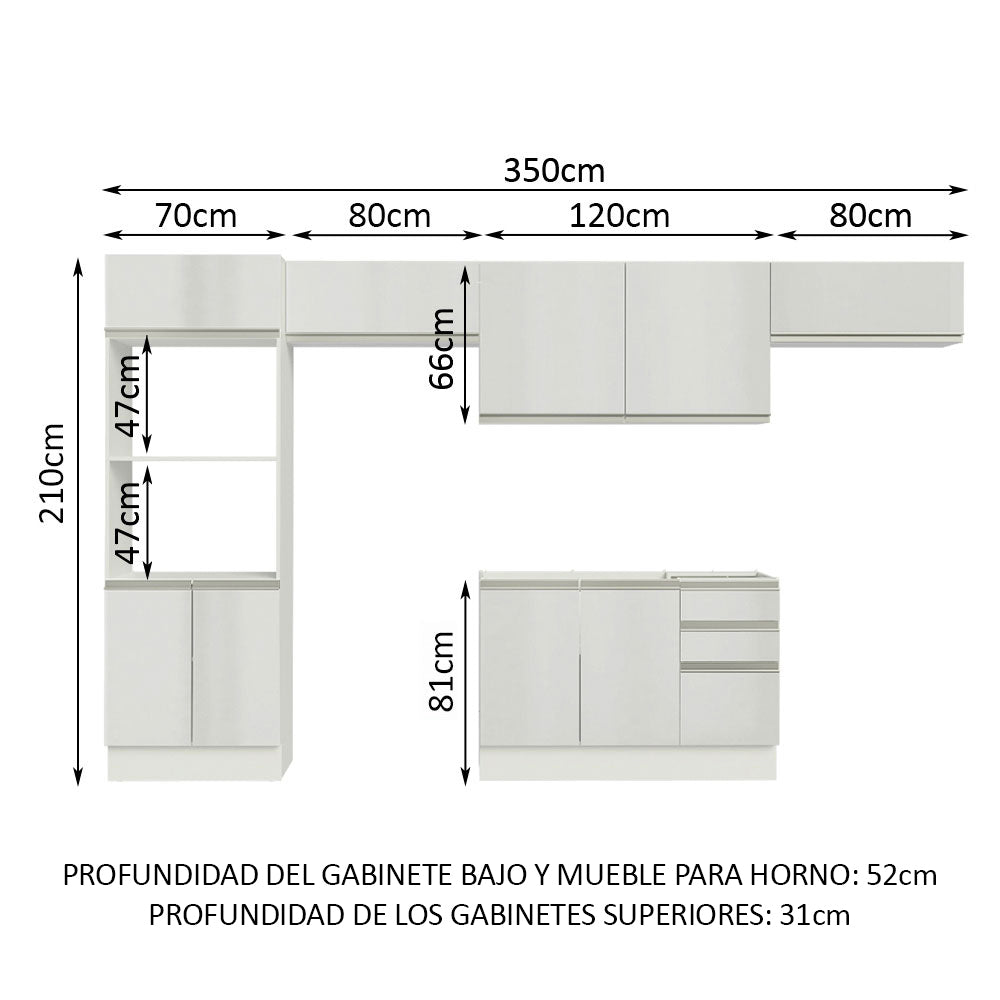 Combo Completo de Cocina 100% MDF 350cm Frentes Blanco Brillante Acordes Madesa 01