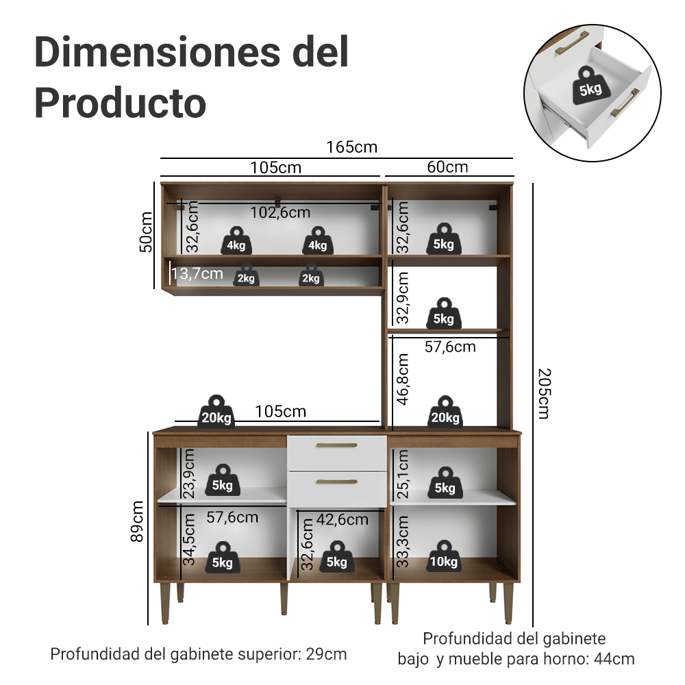 Combo completo de Cocina Lille 165 cm Marrón/Blanco Madesa 01