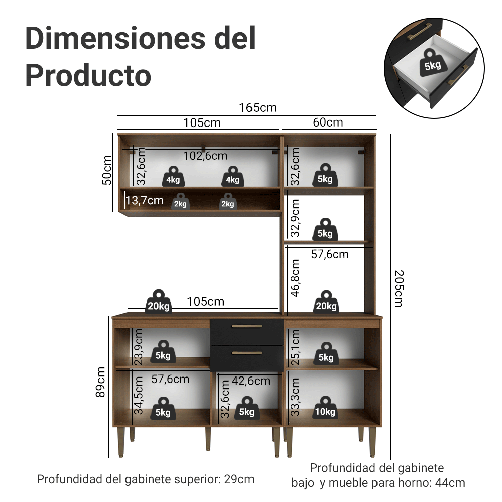 Combo completo de Cocina 165 cm Marrón/Negro Lille Madesa 01