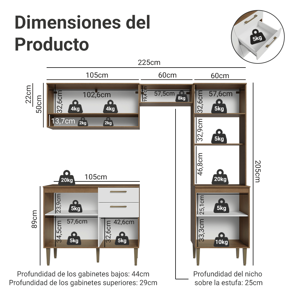 Cocina Compacta 225 cm Marrón/Blanco Lille Madesa
