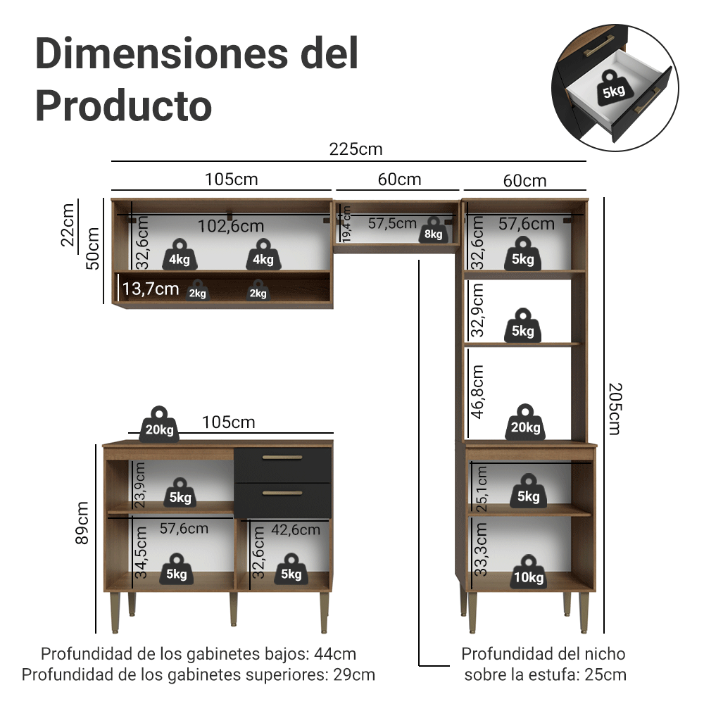 Cocina Compacta 225 cm Marrón/Negro Lille Madesa
