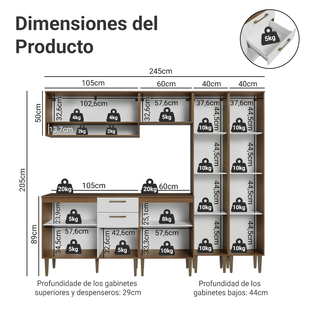 Combo completo de Cocina 245 cm Marrón/Blanco Lille Madesa 01