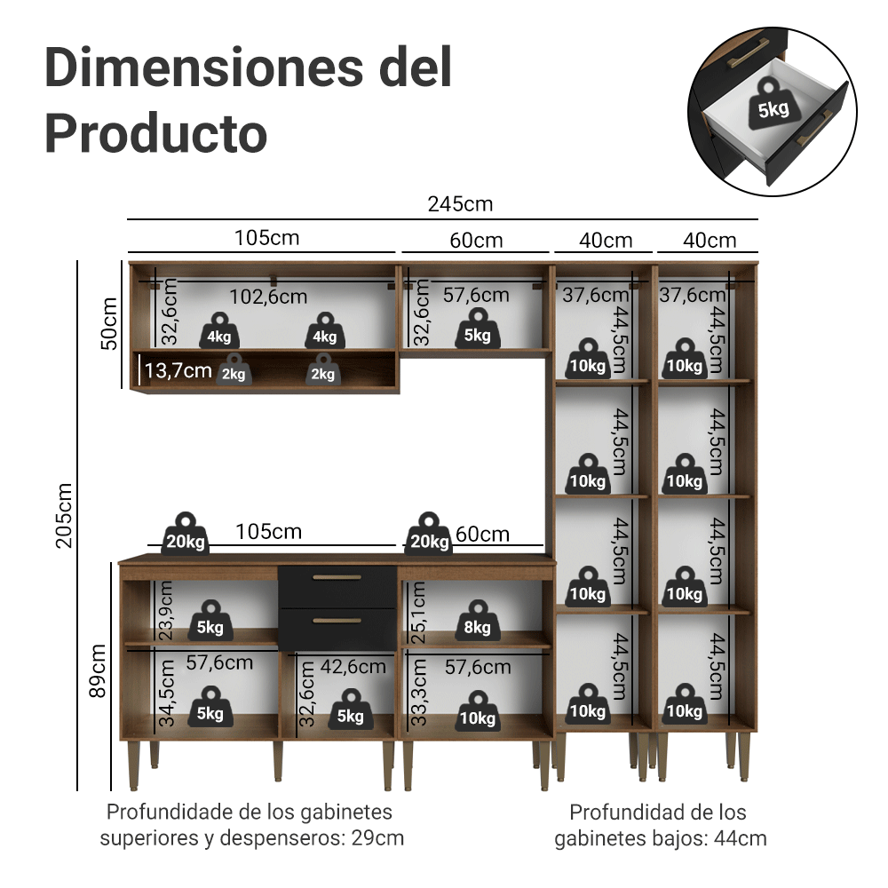Combo completo de Cocina 245 cm Marrón/Negro Lille Madesa 01
