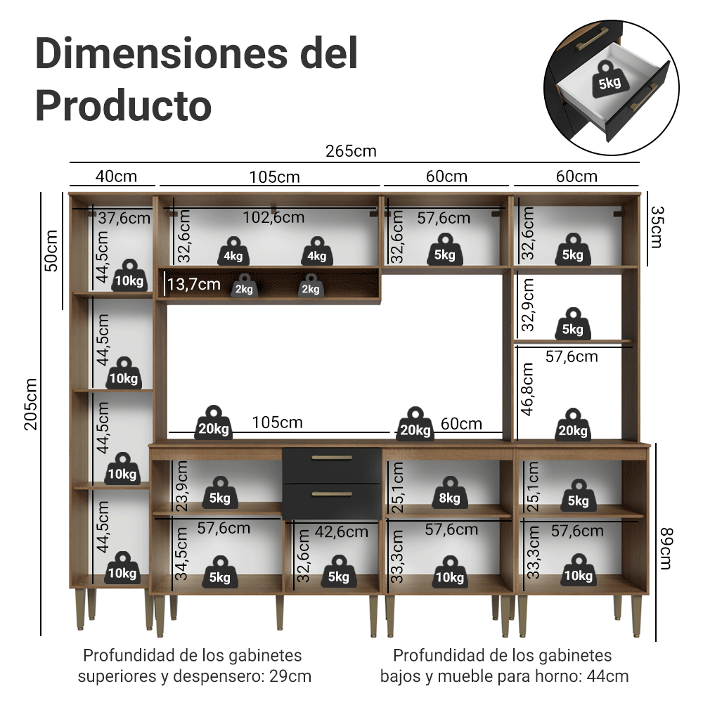 Combo completo de Cocina 265 cm Marrón/Negro Lille Madesa 01