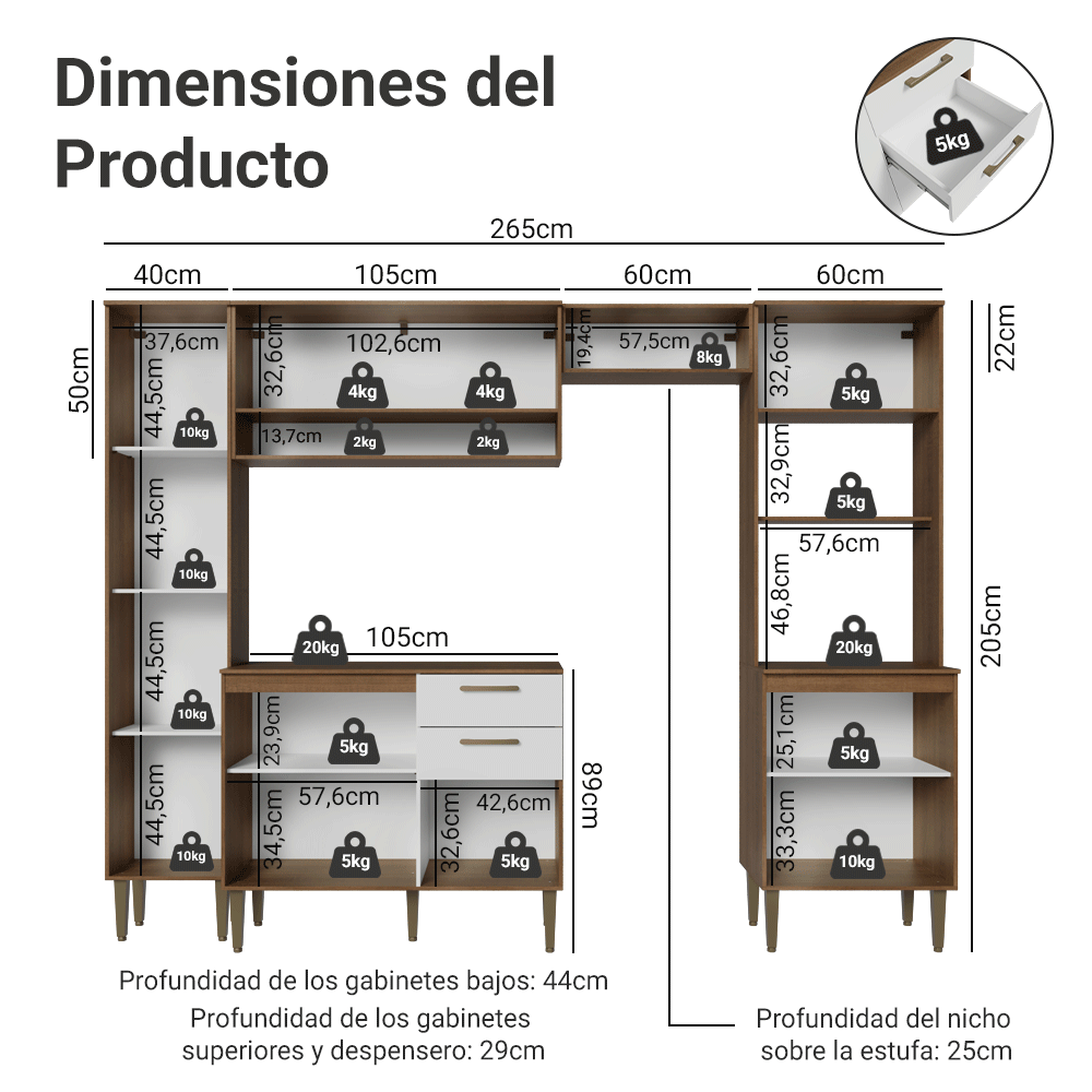 Combo completo de Cocina 265 cm Marrón/Blanco Lille Madesa