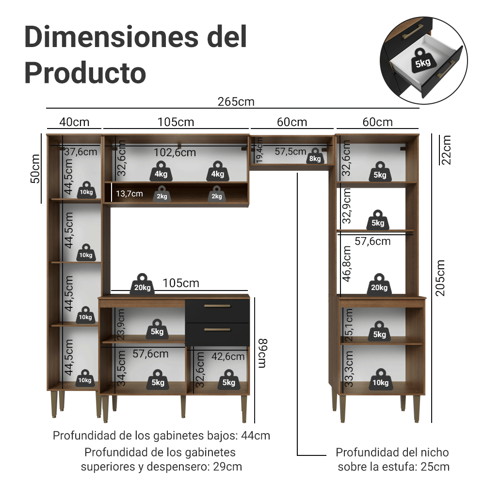 Combo completo de Cocina 265 cm Marrón/Negro Lille Madesa