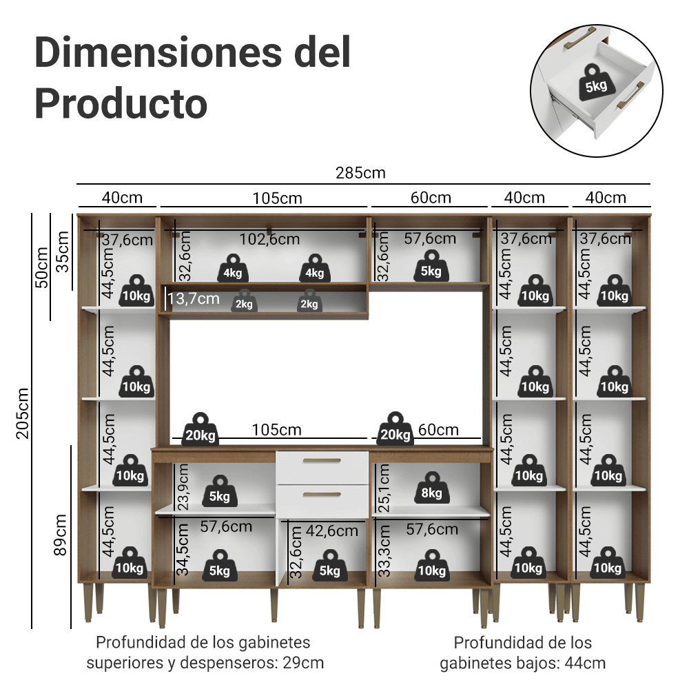 Combo completo de Cocina 285 cm Marrón/Blanco Lille Madesa 01
