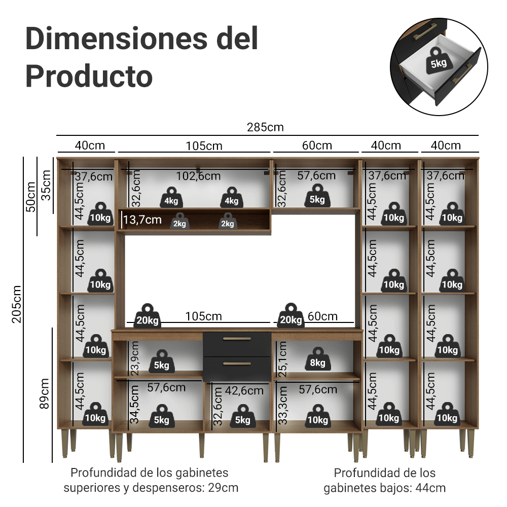Combo completo de Cocina 285 cm Marrón/Negro Lille Madesa 01