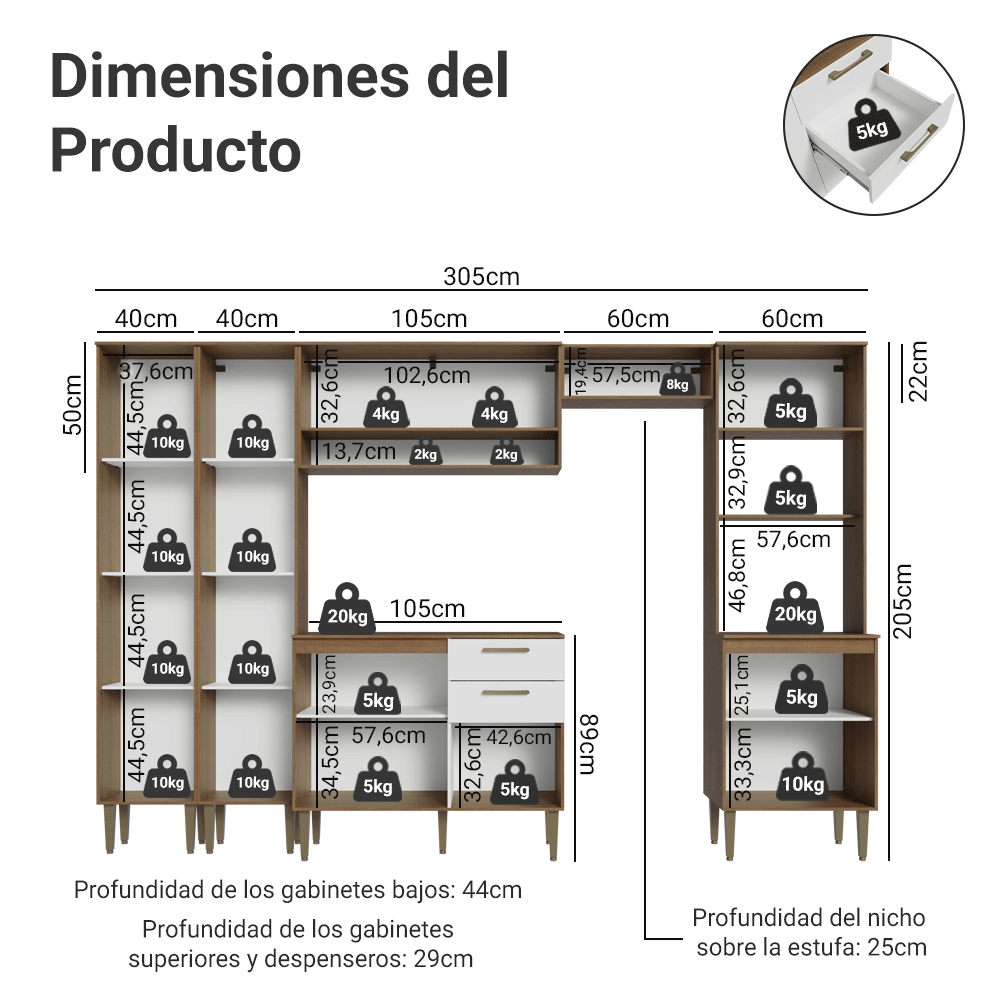 Combo completo de Cocina 305 cm Marrón/Blanco Lille Madesa