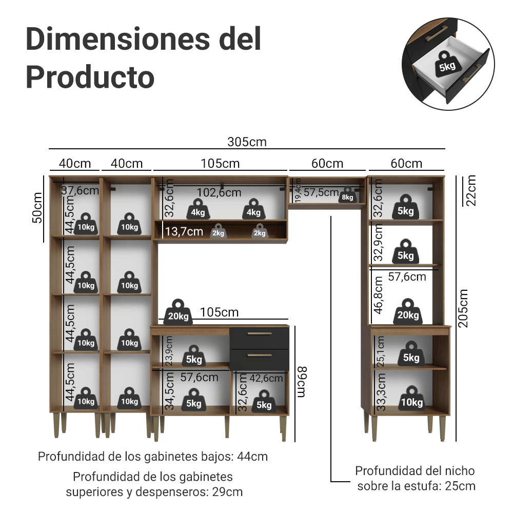 Combo completo de Cocina 305 cm Marrón/Negro Lille Madesa