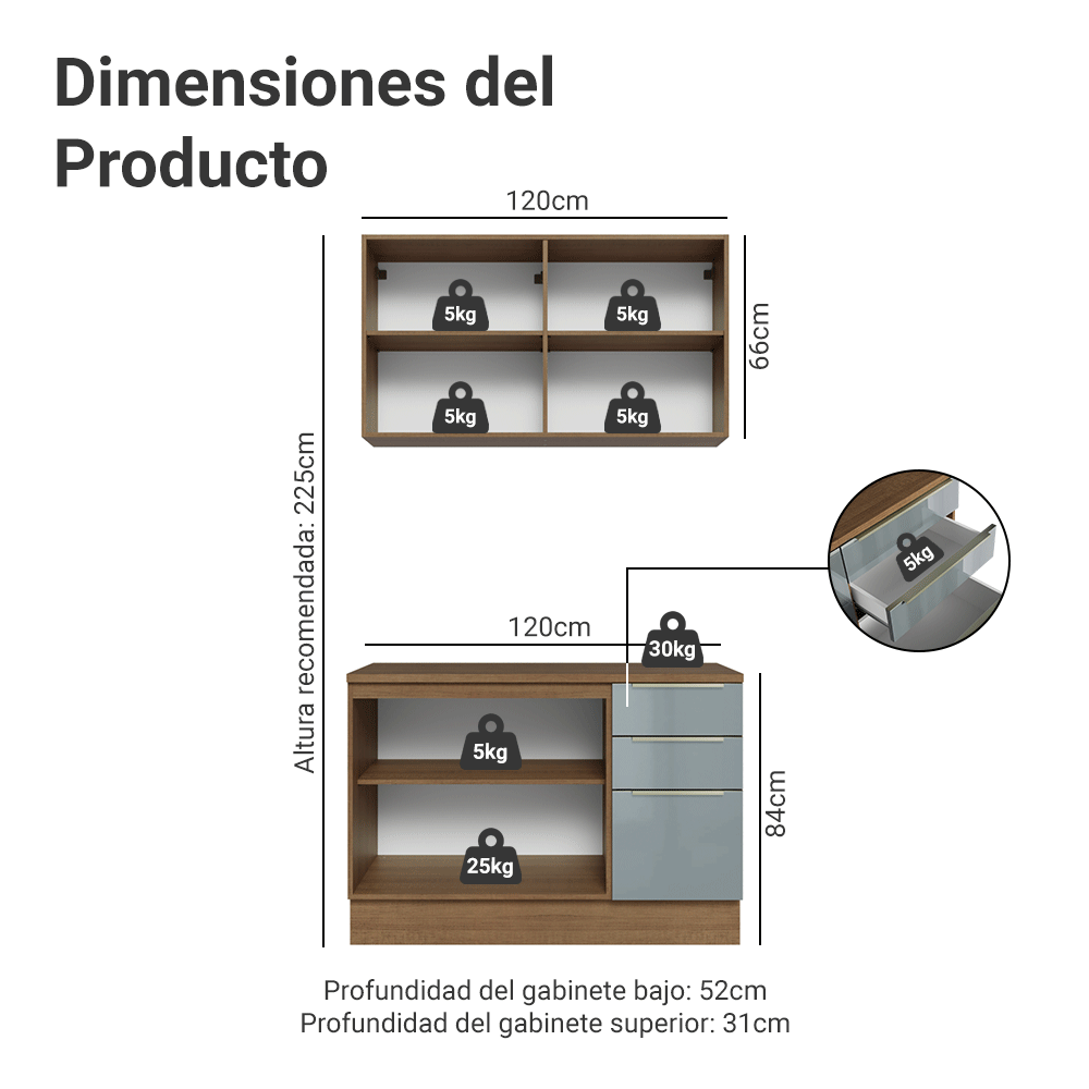 Cocina Compacta 120 cm Marrón/Gris Lux Madesa 01