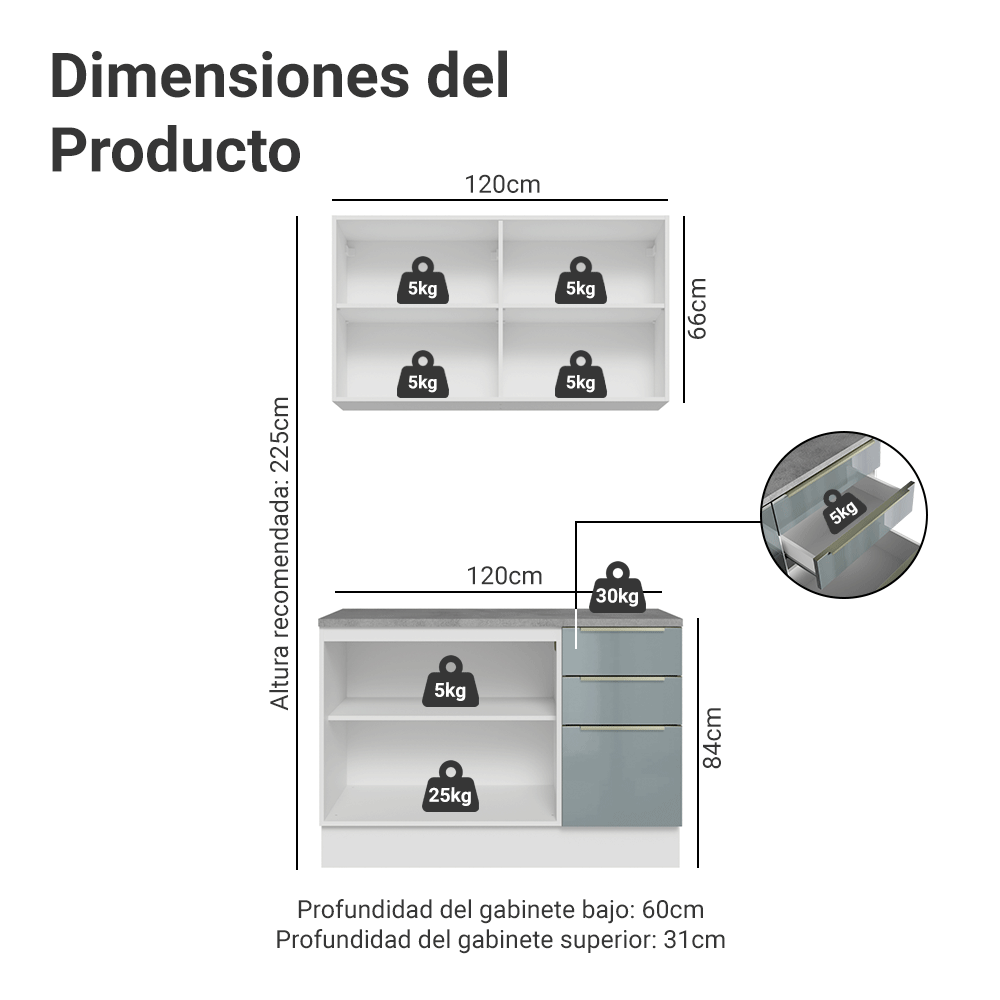 Cocina Compacta 120 x 60 cm Blanco/Gris Lux Madesa 02