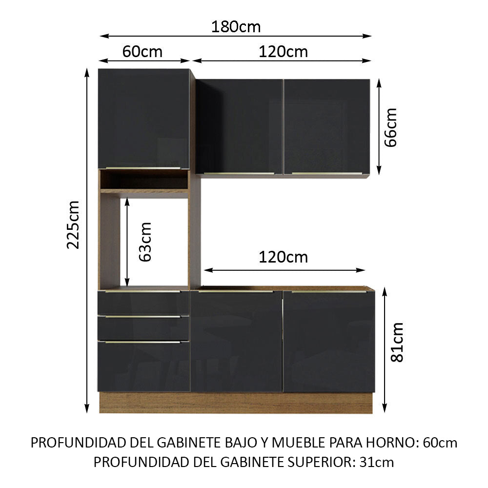 Combo de Cocina Compacta 180cm Marrón/Negro Lux Madesa 01