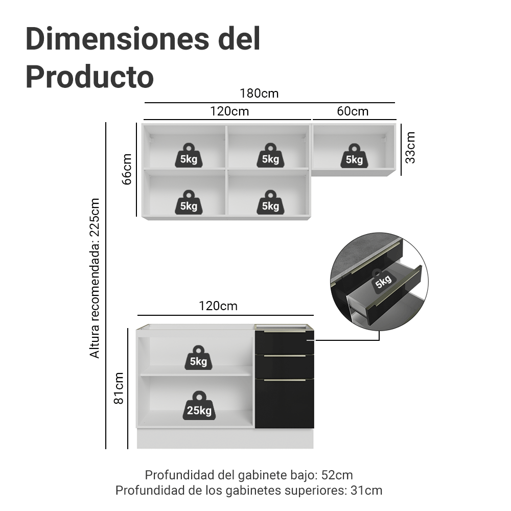 Cocina Compacta 180 cm Blanco/Negro Lux Madesa 02