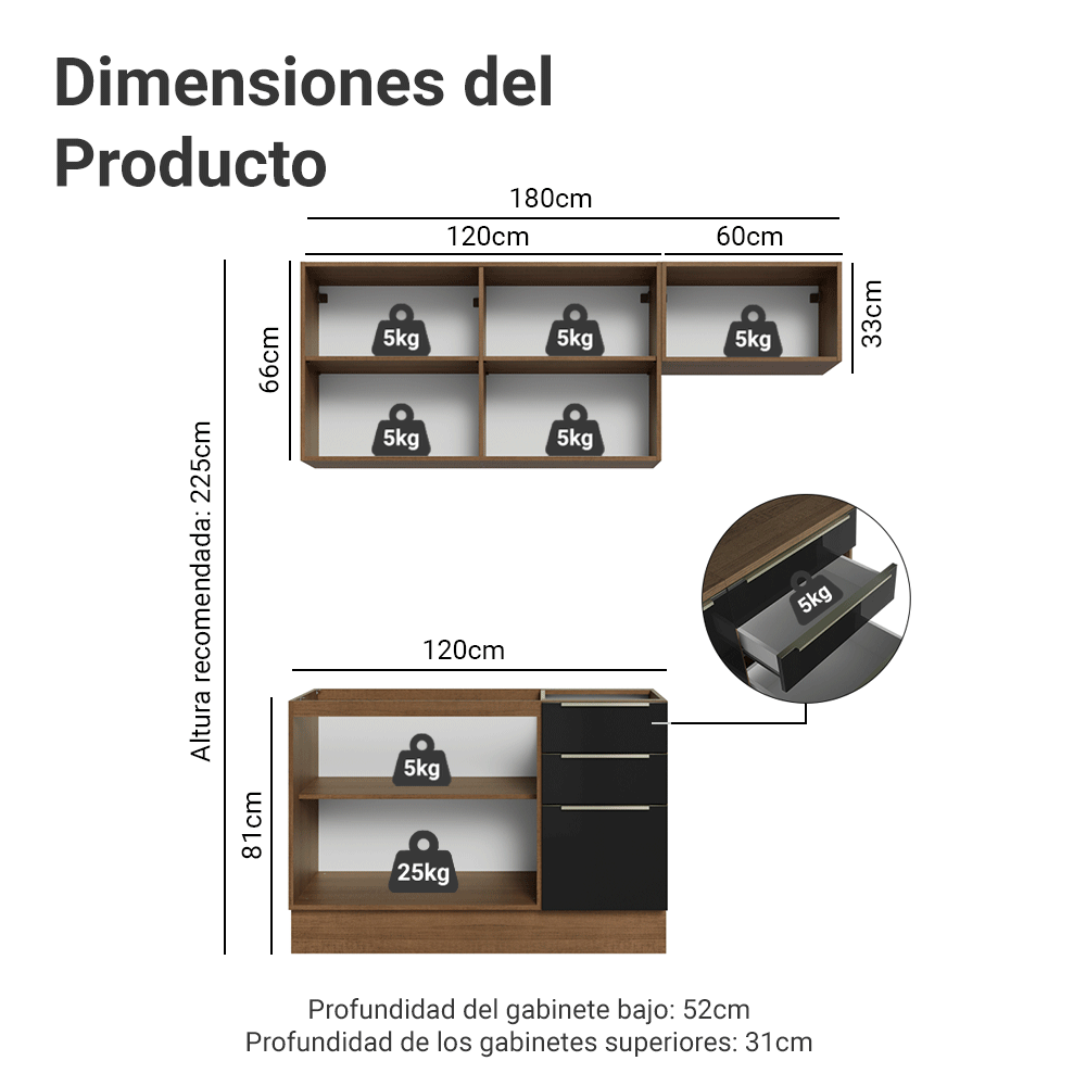 Cocina Compacta 180 cm Marrón/Negro Lux Madesa 02