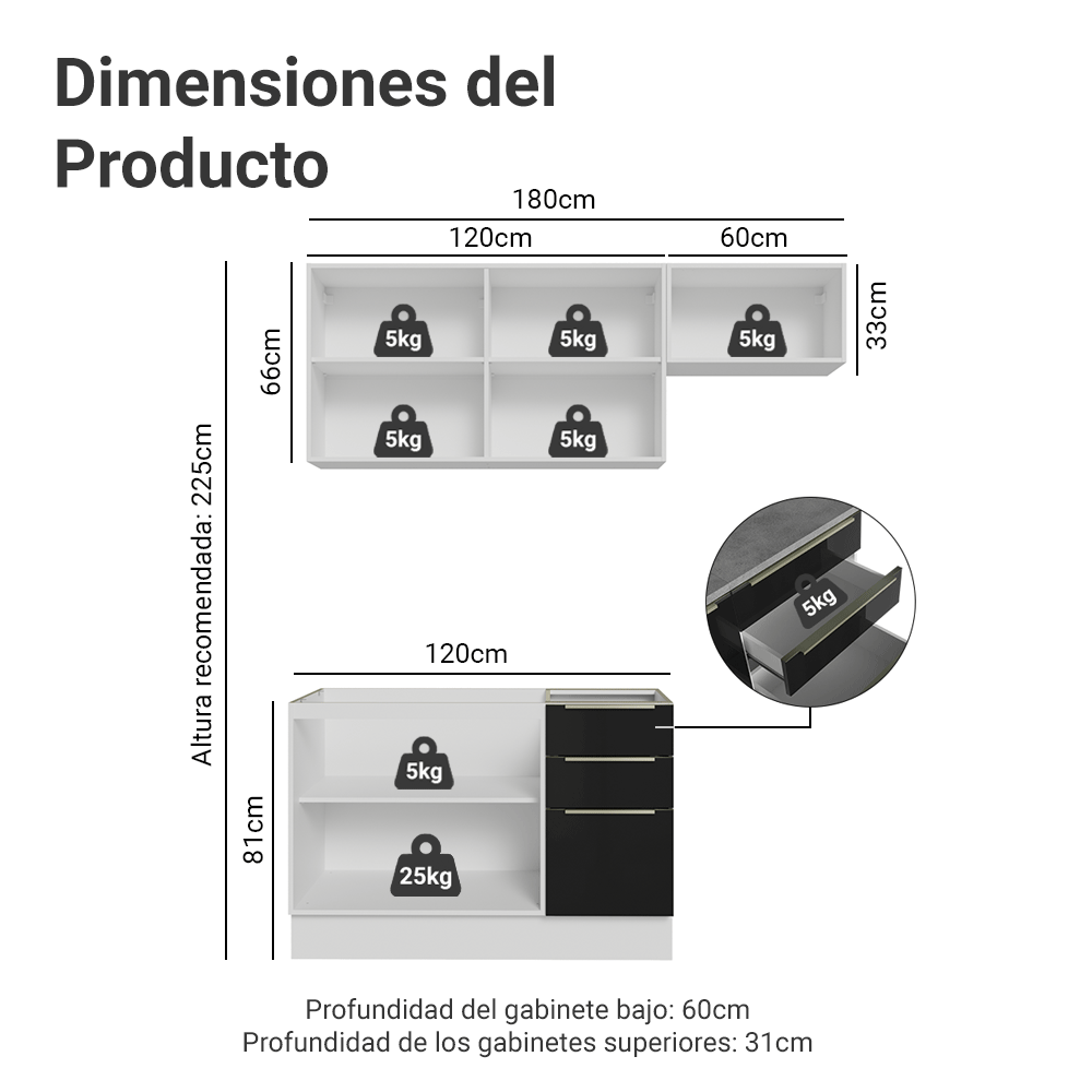 Cocina Compacta 180 x 60 cm Blanco/Negro Lux Madesa 03