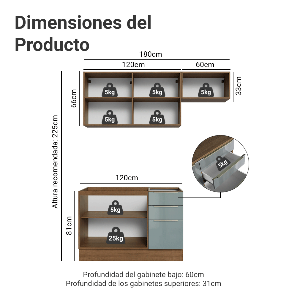Cocina Compacta 180 cm 5 Puertas 3 Cajones Sin Mesada Marrón/Gris Lux Madesa 03