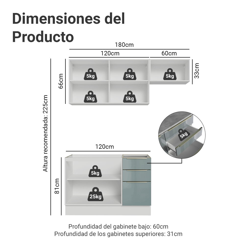 Cocina Compacta 180 x 60 cm Blanco/Gris Lux Madesa 03