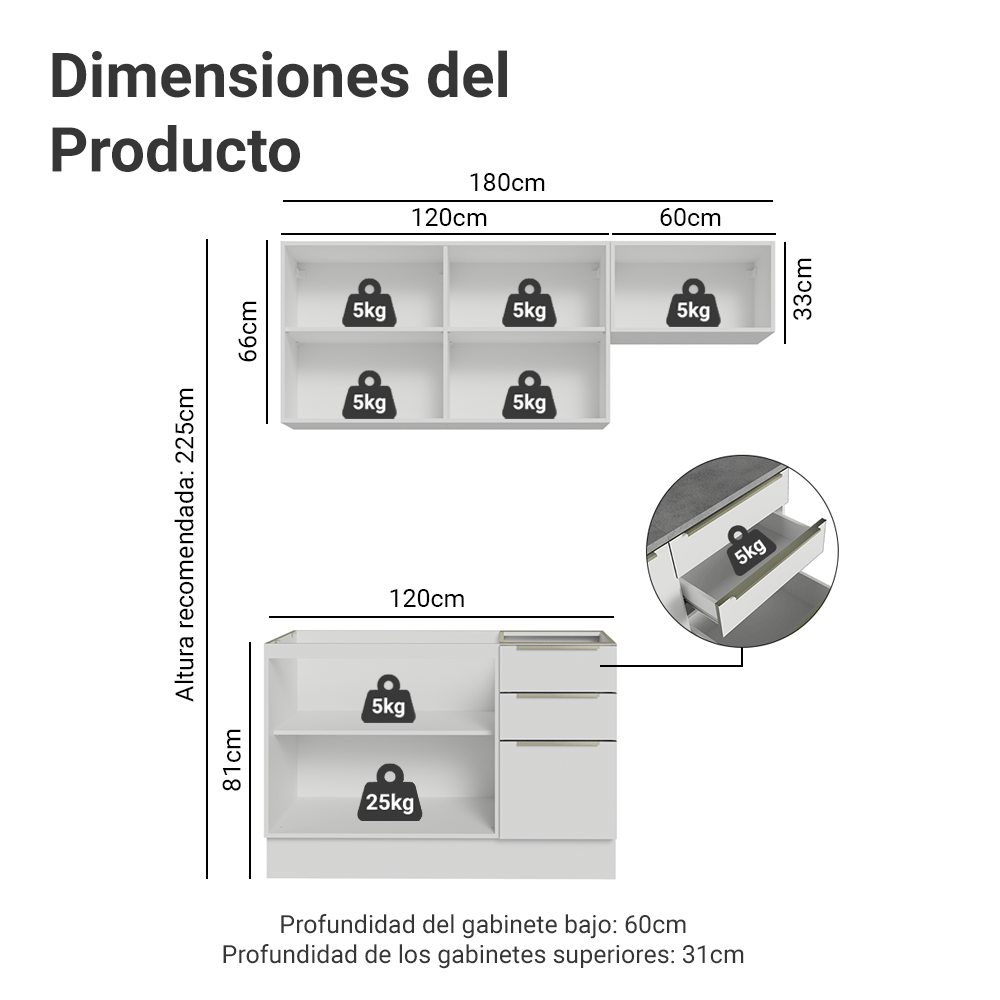 Cocina Compacta 180 x 60 cm Blanco/Blanco Aterciopelado Lux Madesa 03
