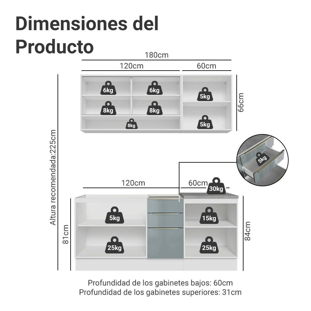 Cocina Compacta 180 x 60 cm Blanco/Gris Lux Madesa 05