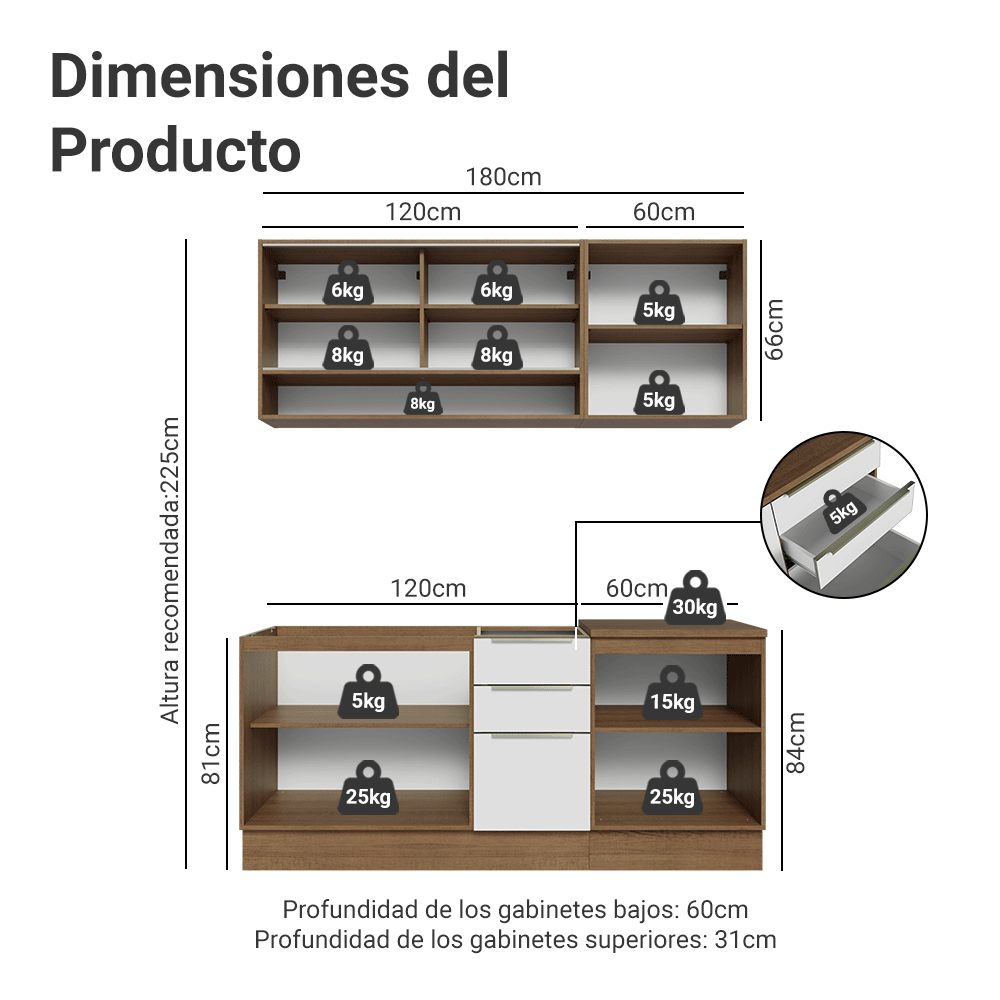 Cocina Compacta 180 x 60 cm Marrón/Blanco Aterciopelado Lux Madesa 05