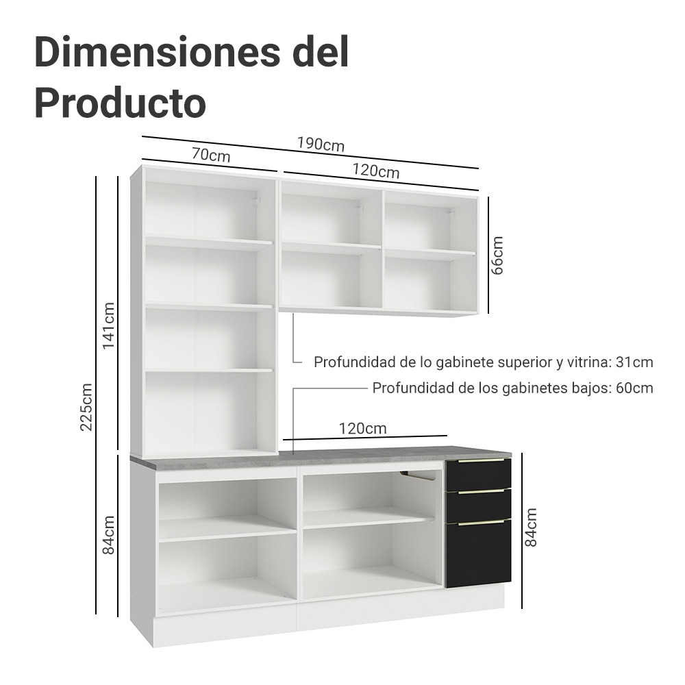 Cocina Compacta 190 cm con Cristalero 8 Puertas 3 Cajones Blanco/Negro Lux Madesa