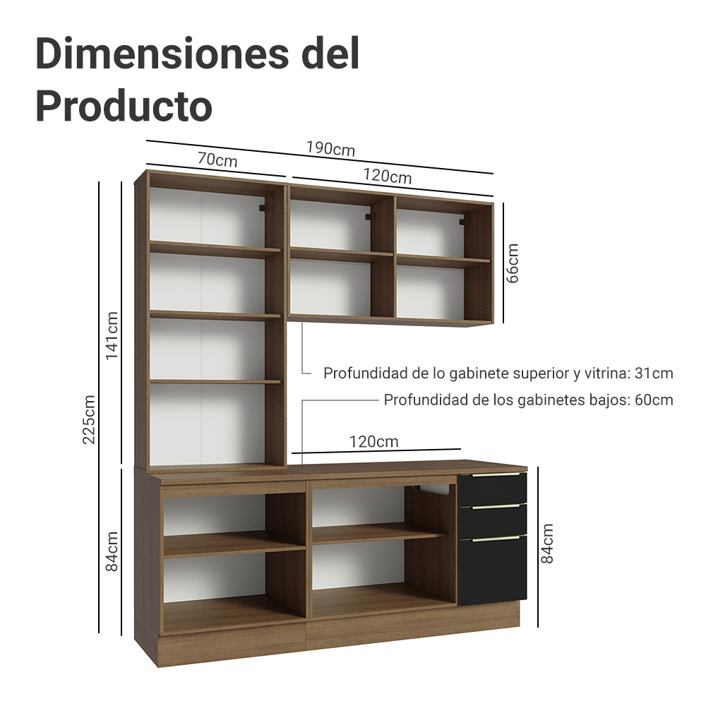 Cocina Compacta 190 cm con Cristalero 8 Puertas 3 Cajones Marrón/Negro Lux Madesa